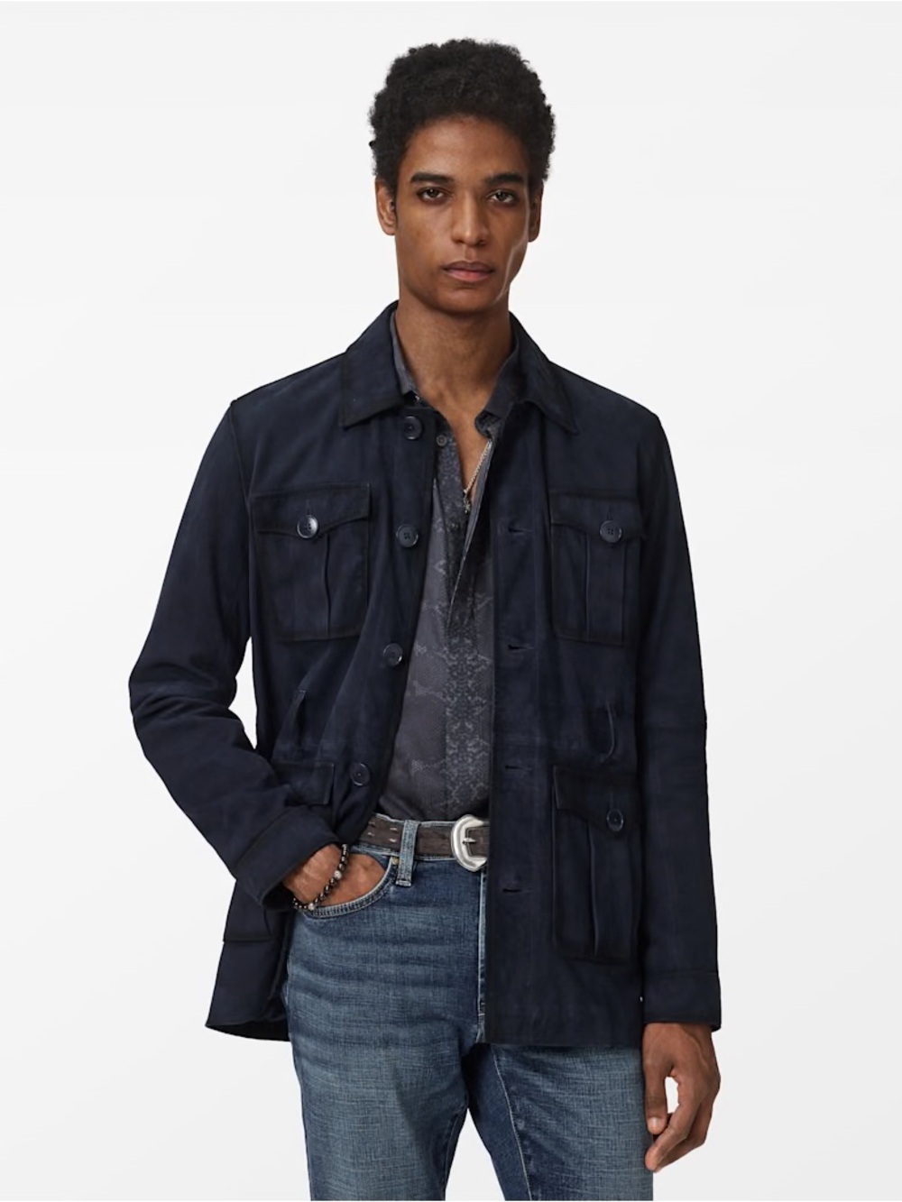 John Varvatos Navy Suede Military Field Jacket